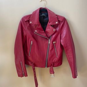 Zara (faux) red leather jacket, silver hardware, size small